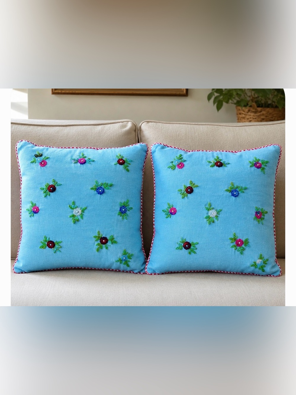 Anthropologie‎ Pip Studio Light Blue velvet sequin 12x12 pillow cushion covers 2